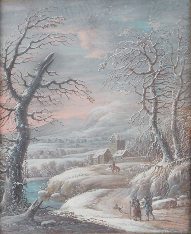 École HOLLANDAISE du XIXe siècle 村庄中的火灾场景
雪景中的步行者
一对水粉画
20 x 17 cm