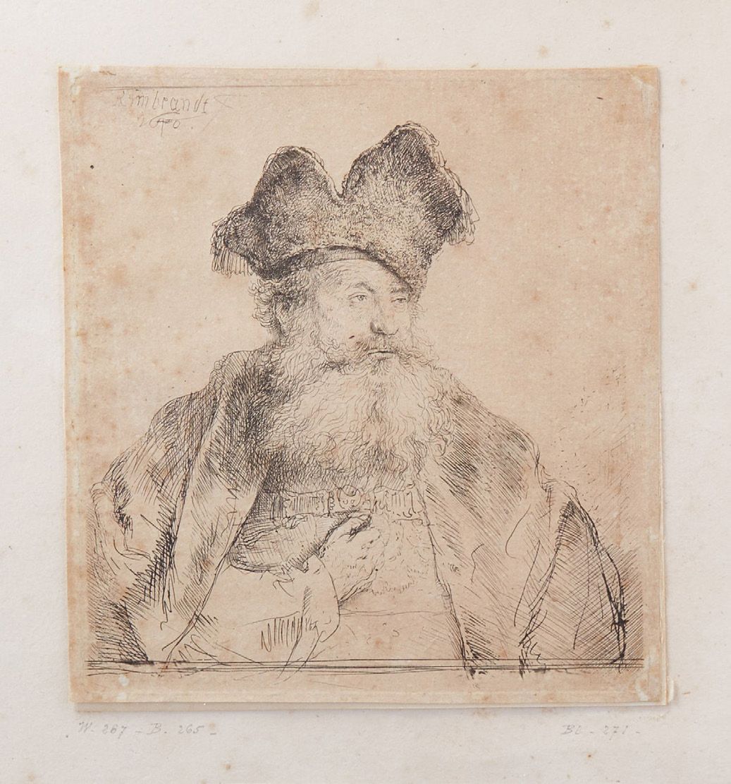 Rembrandt VAN RIJN (1606 - 1669) 戴毛皮帽的老人。
蚀刻和干点。一个非常好的，稍晚的证明，有点发黄和磨损。上缘粘连，有狐臭，点蚀&hellip;