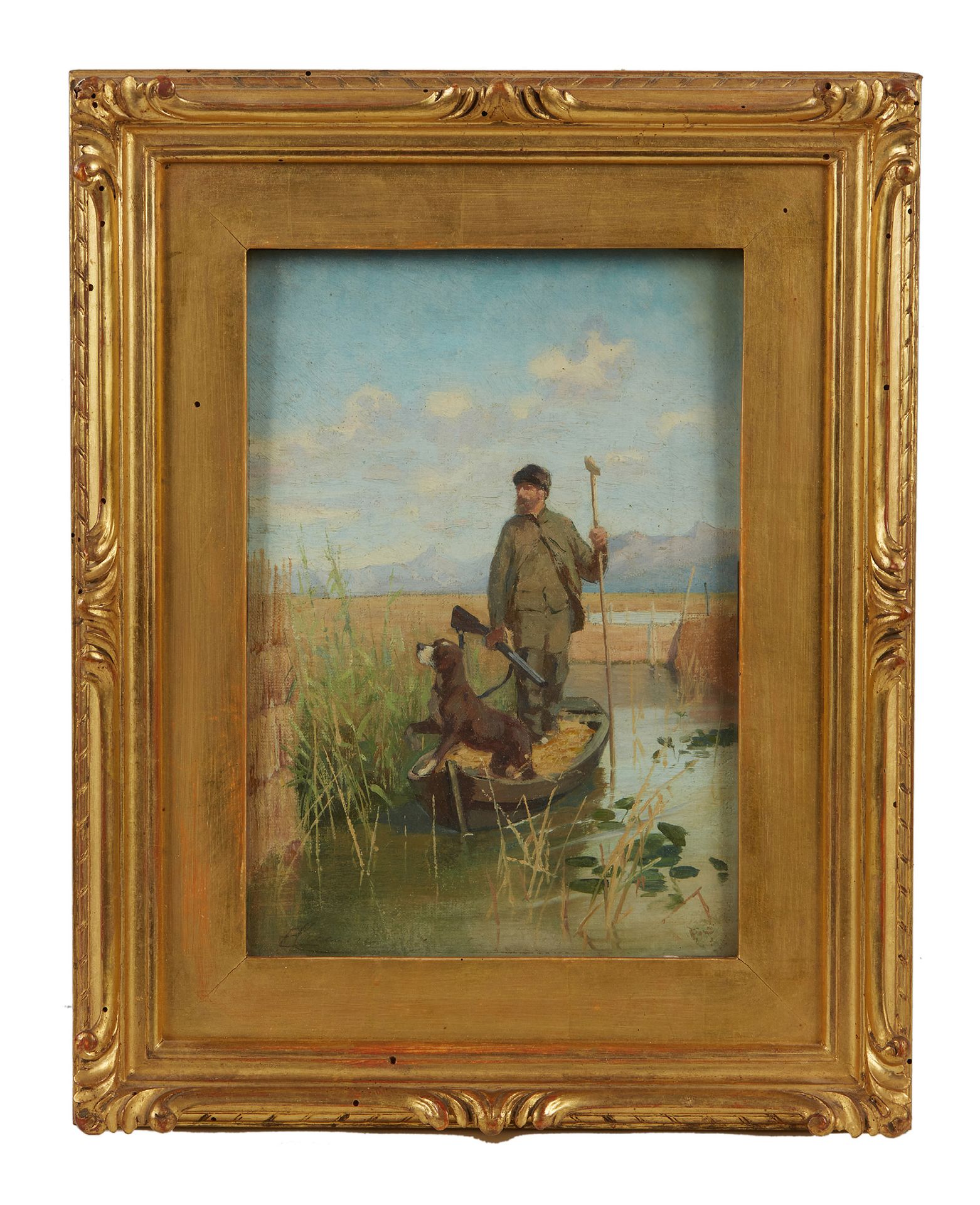 Eugenio Cecconi (1842-1903) Chasseur dans un marais dans une barque avec son chi&hellip;
