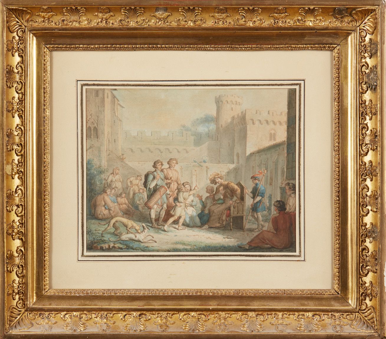 Pierre Henri REVOIL (1776-1842) 法庭场景
水洗和水彩画。
漂亮的木质和灰泥镀金框架，带有棕榈花纹（小的缺失）
19 x 24,5&hellip;