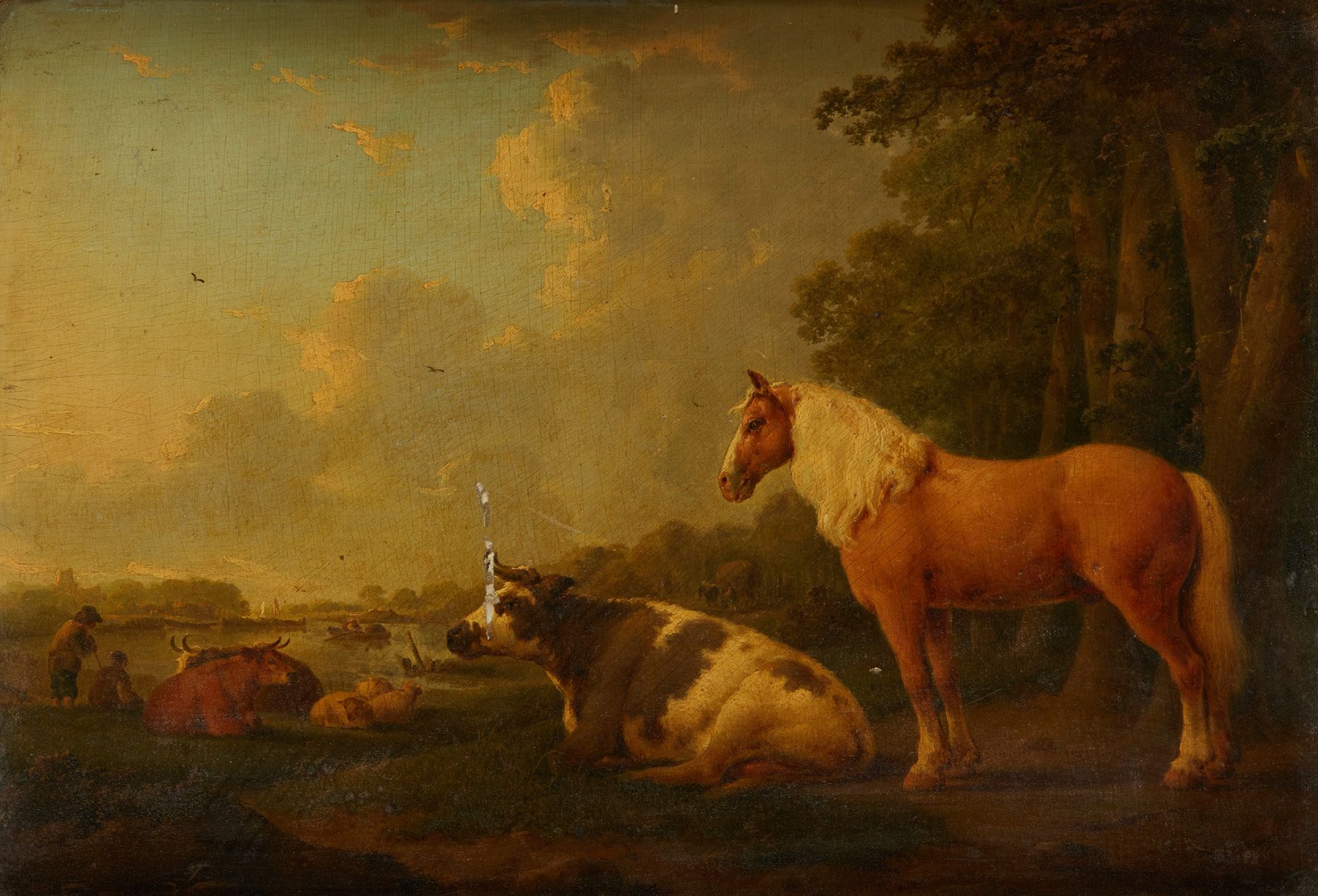 ECOLE HOLLANDAISE DU DÉBUT DU XIXe SIÈCLE, DANS LE GOÛT D'ALBERT CUYP 运河前的马和牛
橡木&hellip;