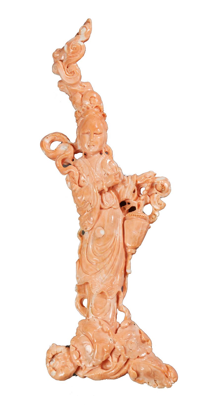CHINE Rama de coral tallada que representa a la diosa guanyin de pie sobre una b&hellip;