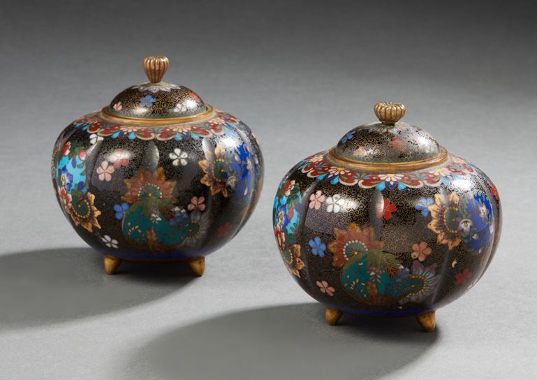 JAPON Coppia di vasi rivestiti in bronzo cloisonné gadrooned su piedi di base Pe&hellip;