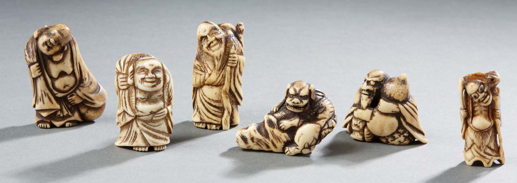 JAPON Six antler netsuke representing different characters First third of the 20&hellip;