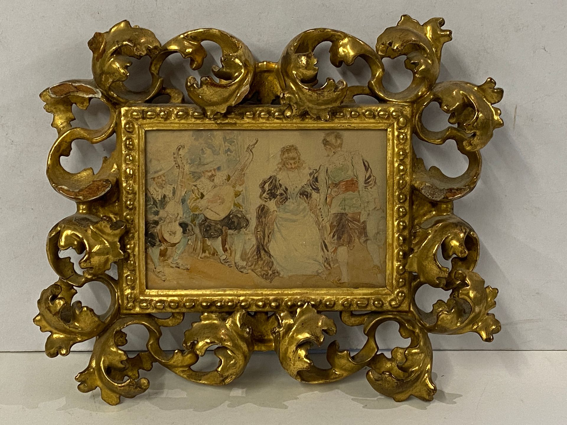 Null 19世纪的意大利学校

音乐家和舞蹈家

 水彩画在雕刻和镂空的鎏金木框中（有些丢失）。



尺寸：10 x 14,5厘米（水彩画展示）。
