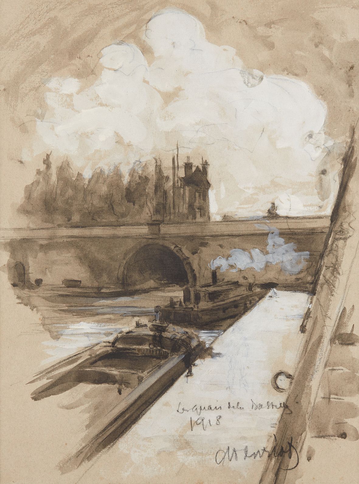 Null M HENRIOD（第二十次）。

巴黎的圣马丁运河，1918年

纸上黑石、水墨和水粉画

右下角有签名，位置和日期

37,5 x 27,5 cm