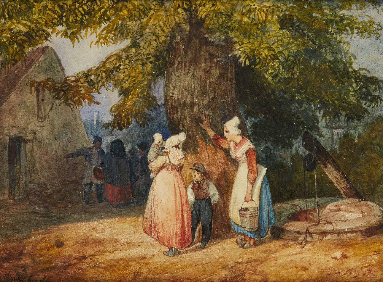 Léopold LEPRINCE (1800-1847) Personnages devant un arbre près d'une maison Dessi&hellip;