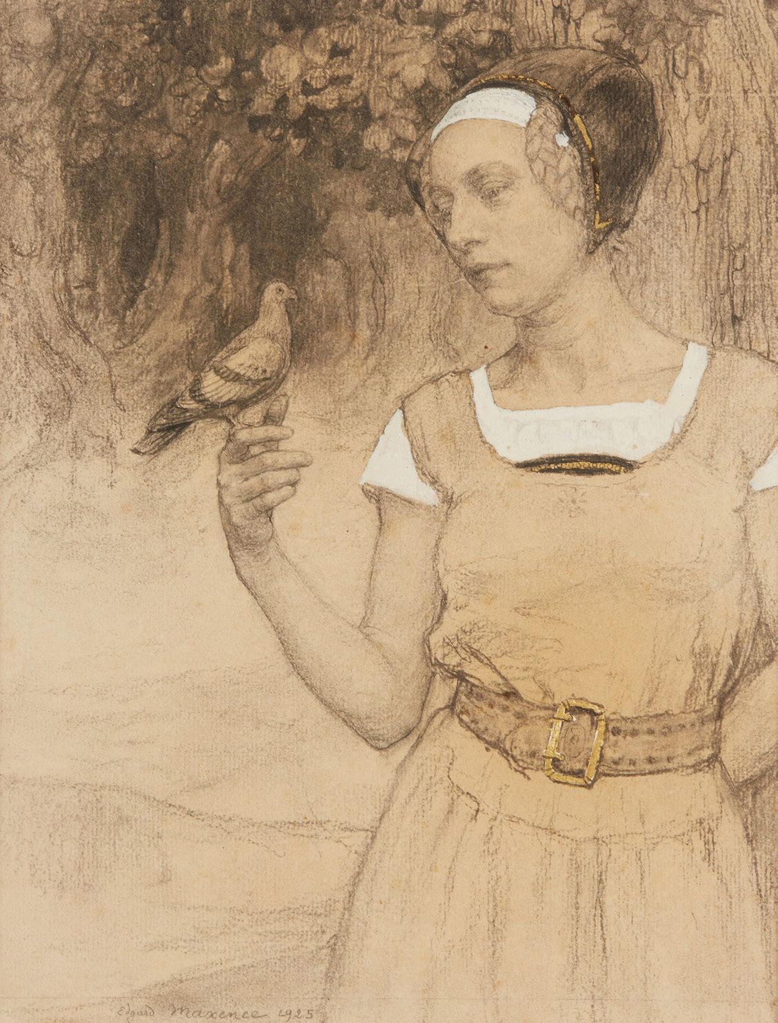 Edgard MAXENCE (1871-1954) 带鸽子的女人
铅笔，金色高光和白色水粉，右上方有签名和日期。
28.5 x 22 cm