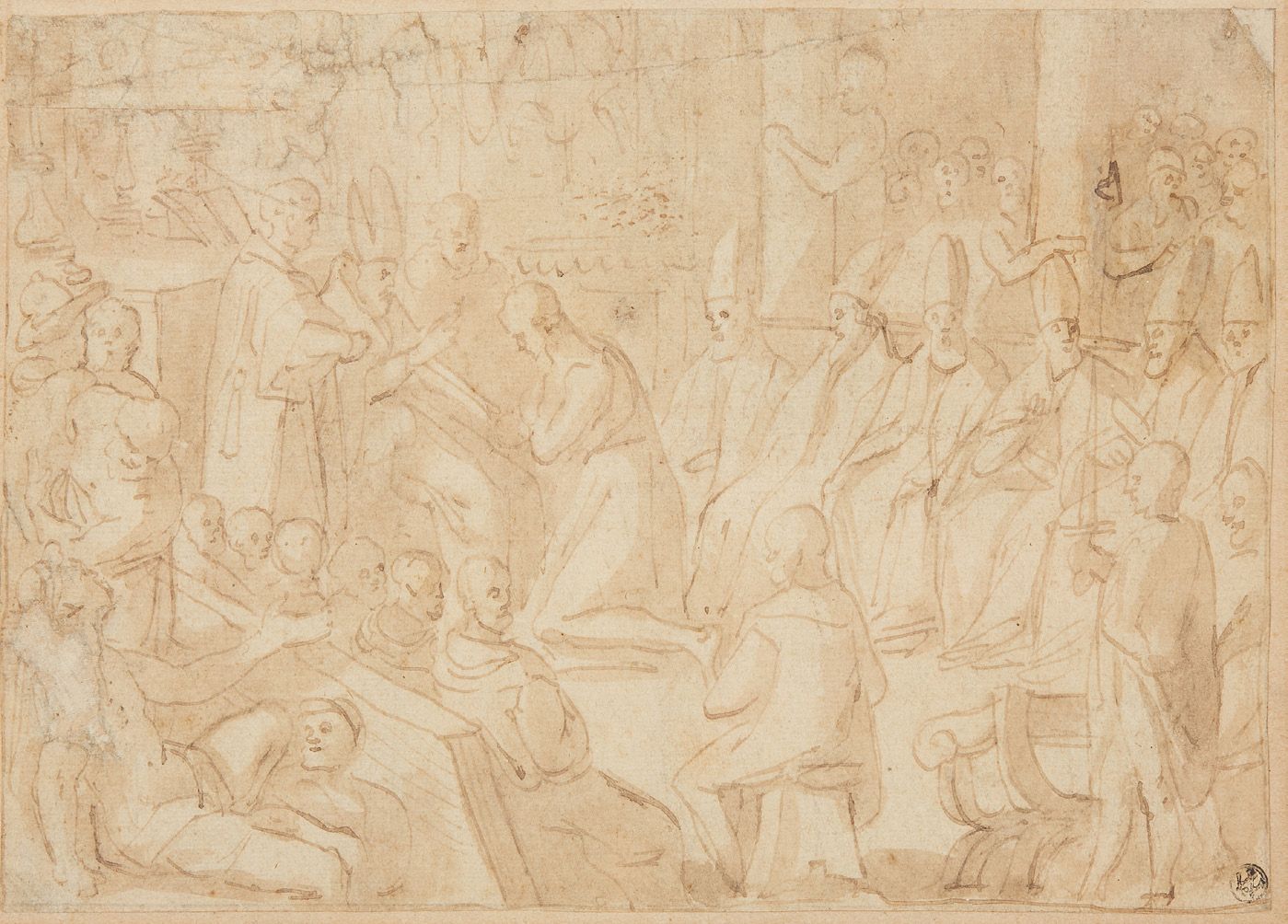 Ecole italienne du XVIIe siècle 教皇的觐见 笔和棕色墨水，棕色水墨。右下方有Emile Wauters收藏的印章（Lugt编号9&hellip;