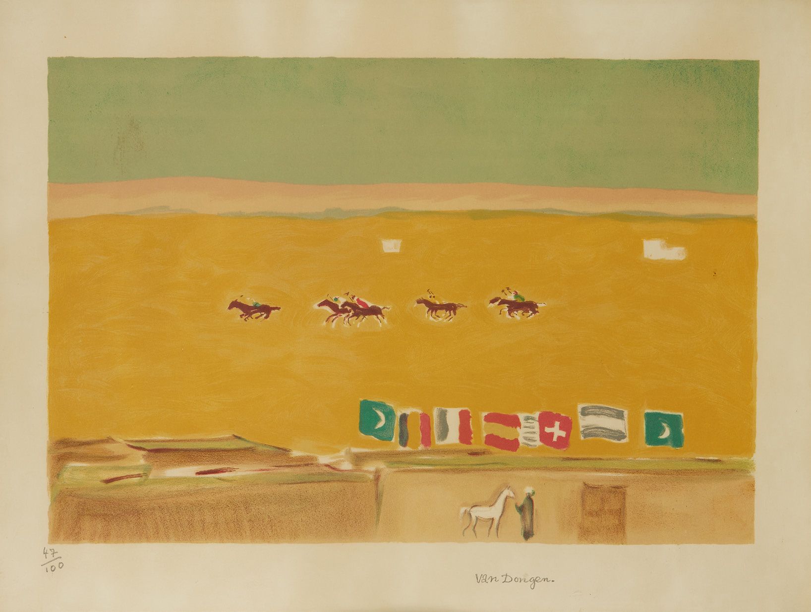 Kees VAN DONGEN (1877 - 1968) 亚历山大的种族。约1950年
牛皮纸上的彩色石版画，右下方有签名，编号47/100。框架（Juffe&hellip;