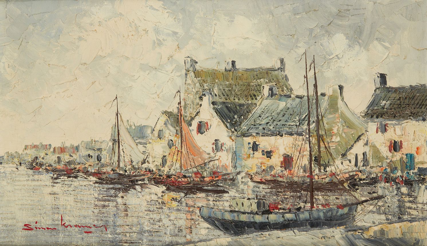 Simon KRAMER (1940-2015) Port en Bretagne
Huile sur toile.
Signée en bas à gauch&hellip;