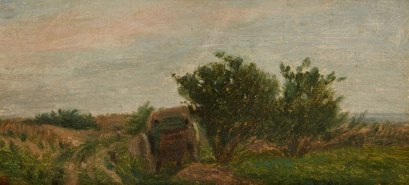 ADOLPHE FÉLIX CALS (1810-1880) 田野里的车
布面油画，左下方签名。
15.5 x 30 cm