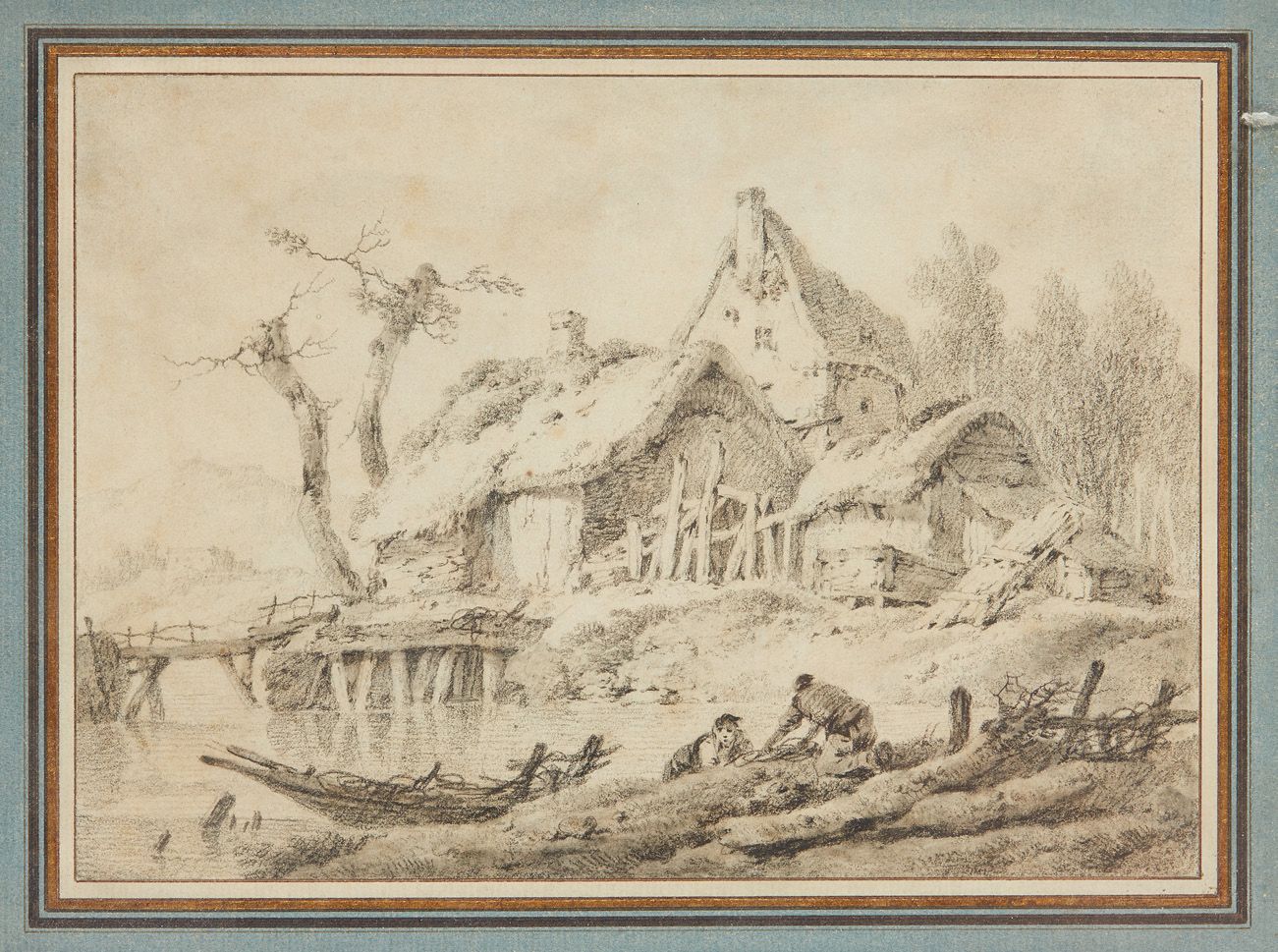 Jean PILLEMENT (Lyon 1728 - 1808) Fishermen near an old farm
Black stone 14.7 x &hellip;