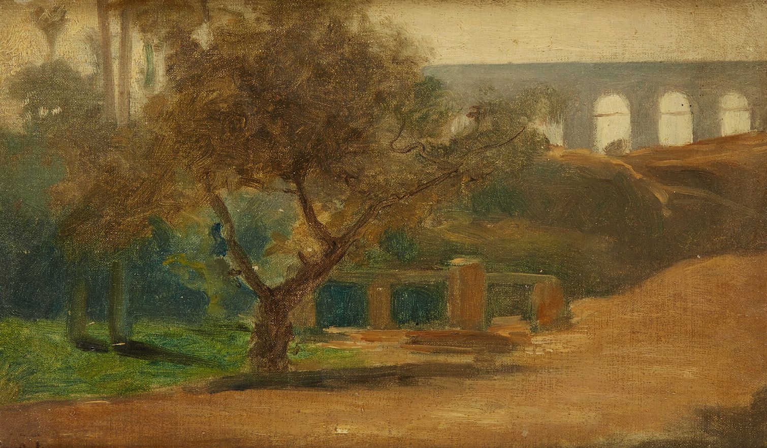 ADOLPHE FÉLIX CALS (1810-1880) 有水渠的风景
板面油画，左下角签名。
14 x 22 cm
(1943年世博会 雅克-杜堡画廊)
