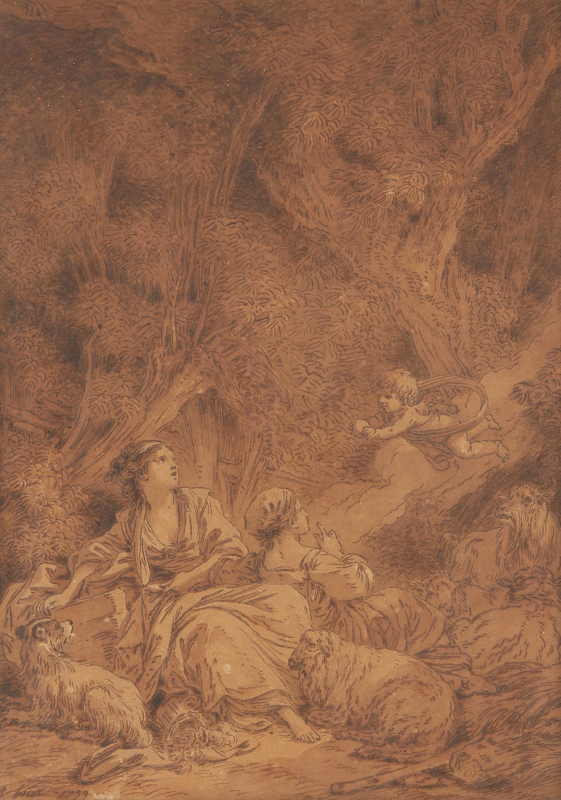 Jean - Baptiste HUET (Paris 1745 - 1811) Cupidon et les deux bergères Plume et e&hellip;