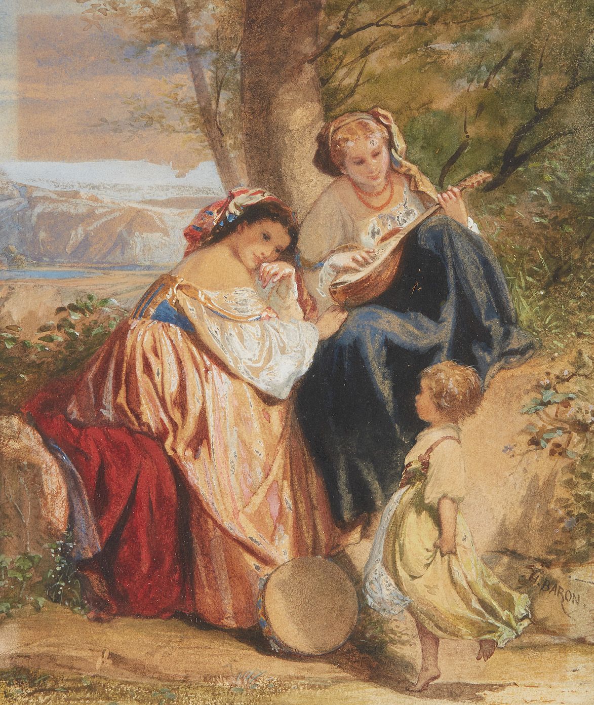 BARON HENRI-CHARLES (1816-1885) Femmes et enfant au luth Aquarelle signée en bas&hellip;