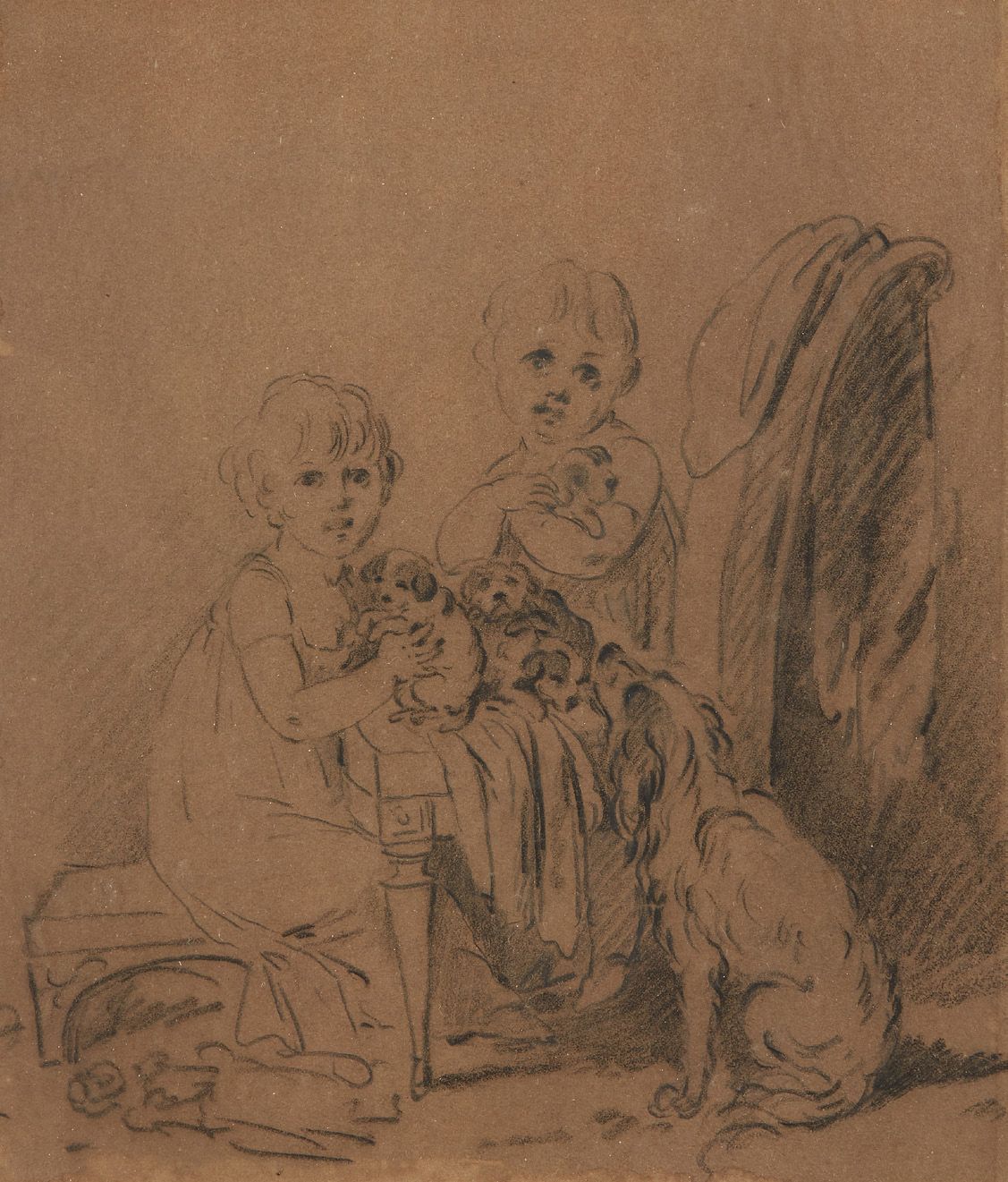 Attribué à Louis Léopold BOILLY (?) The little dogs
Black stone on brown paper
2&hellip;