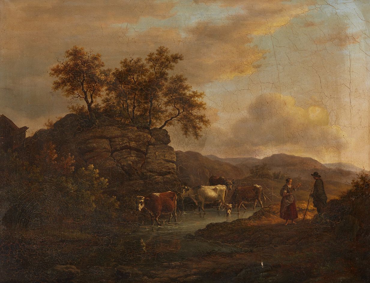 J. MUCKEL (actif en 1845) * 溪流中的牛群
帆布，右下方有签名和日期 J. Muckel 1845
41 x 53 cm