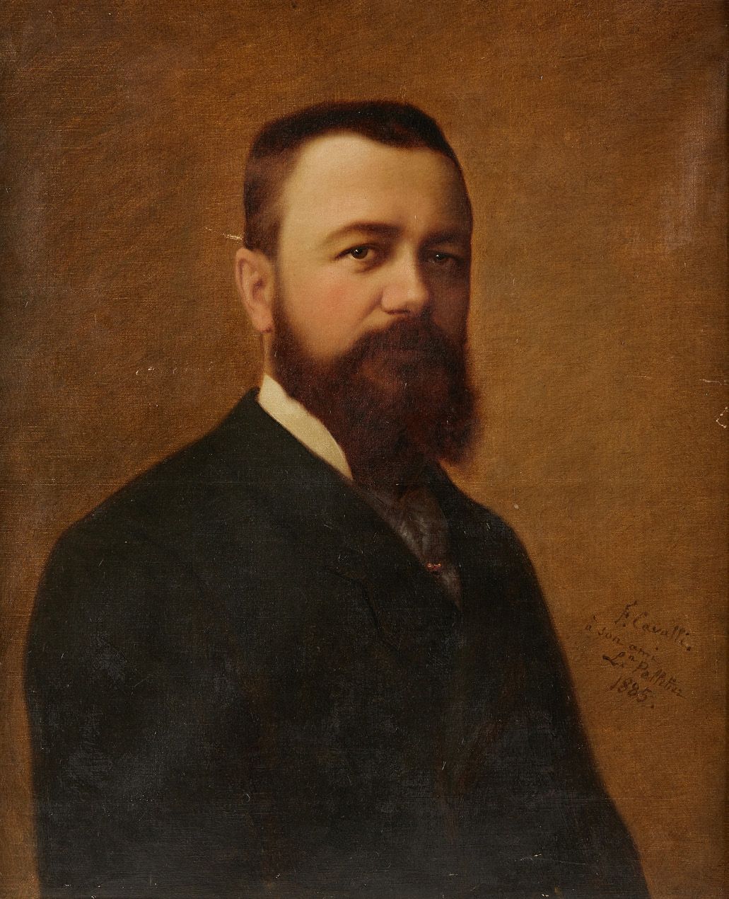 F. CAVALLI (XIXe siècle) 一个人的肖像
布面油画，右下角签名。
右下角写着："致他的朋友Lieutenand Pelletier，188&hellip;