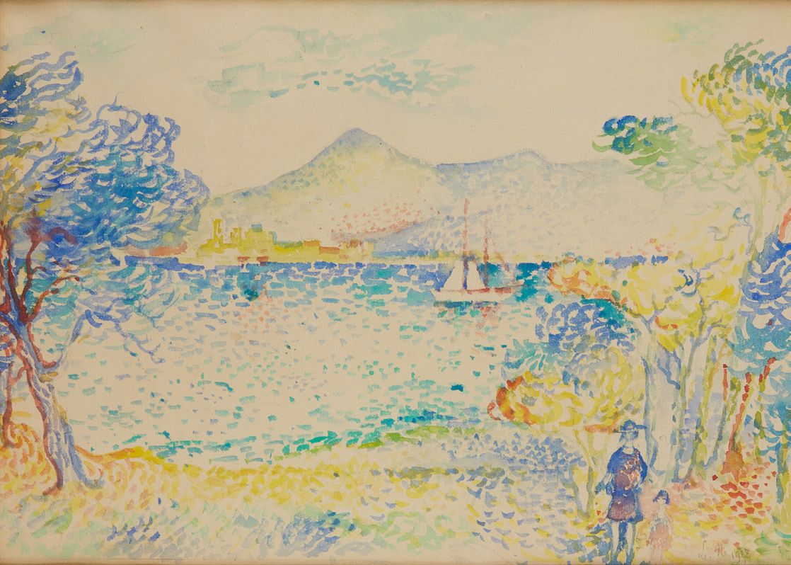 École POINTILLISTE du XXe siècle 海边和山景
水彩画，署名LIM和日期1927
24 x 34 cm