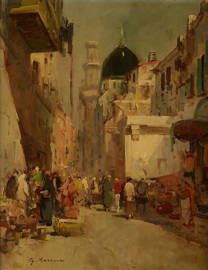 G.MARESCA (Xxe siècle) Scène de rue animée en Egypte Huile sur panneau. Signée e&hellip;