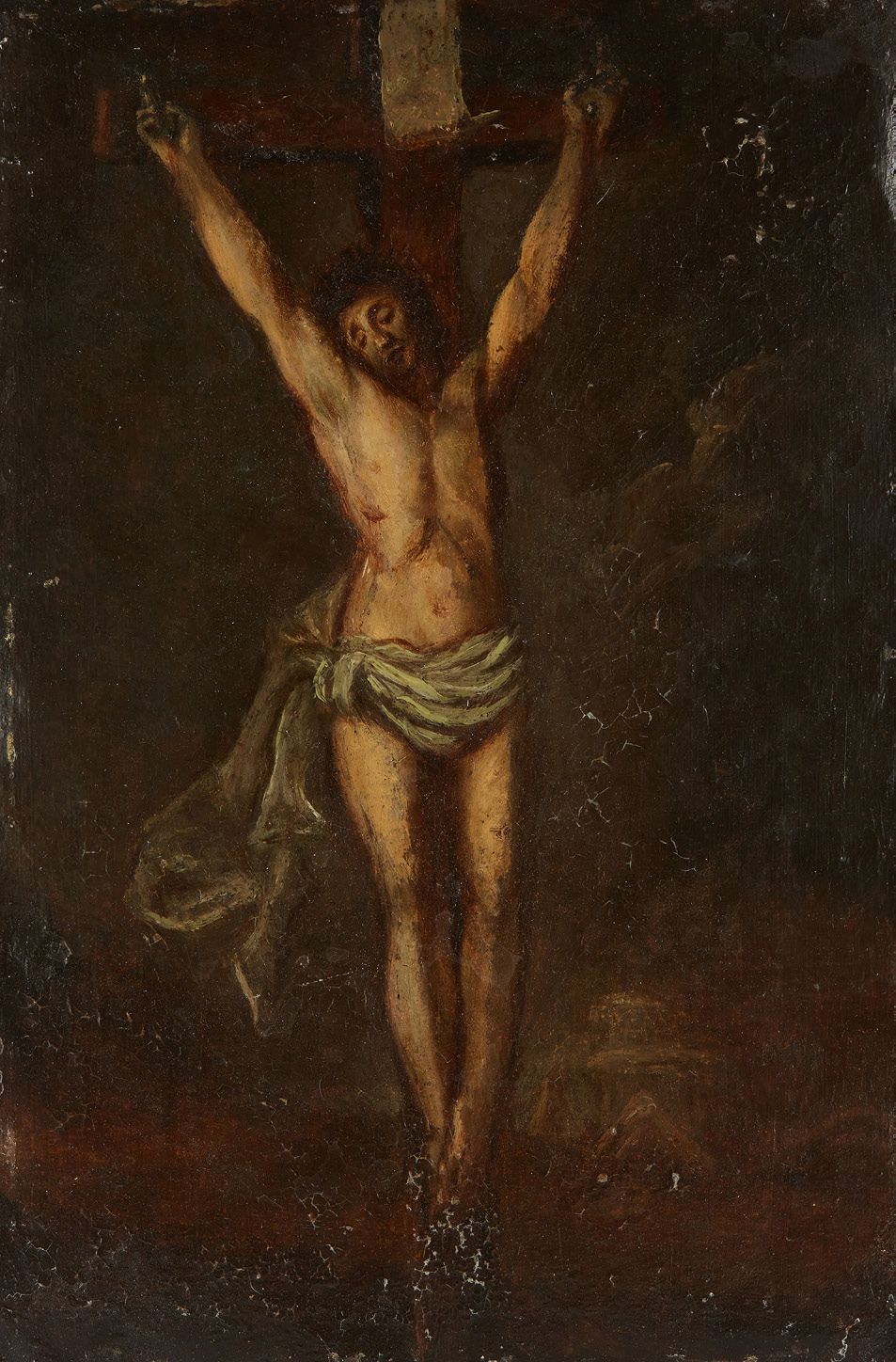 École du XIXe siècle Le Christ en croix
Cuivre
Dim. : 31 x 20,5 cm
(usures, pann&hellip;
