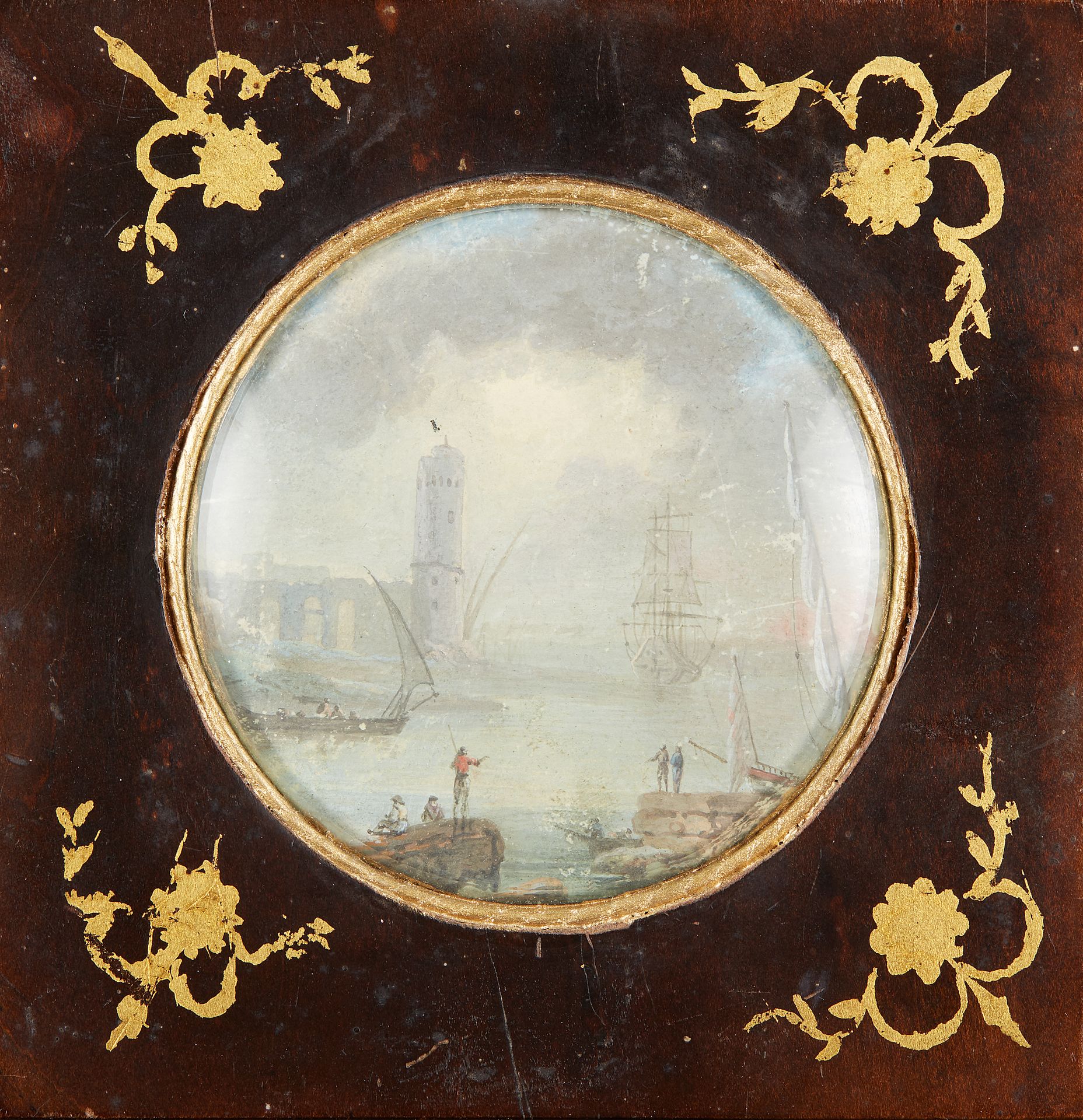 Null 
19世纪的学校

港口的景色

水粉画中的圆形微型画。

视觉上的直径：7.5厘米。