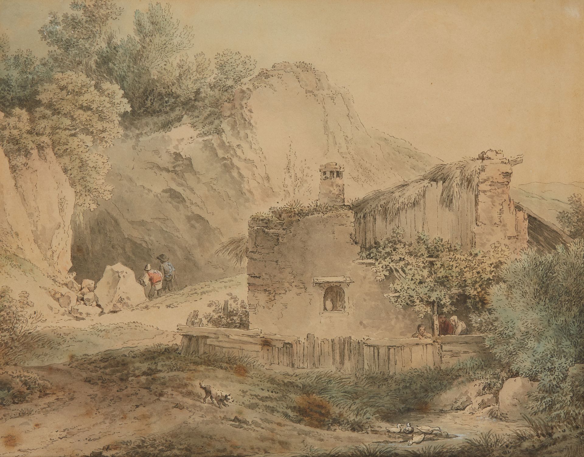Null 
***18世纪末的法国学校




景观与茅草屋和岩石




钢笔和水彩画。




18.5 x 25.5厘米。