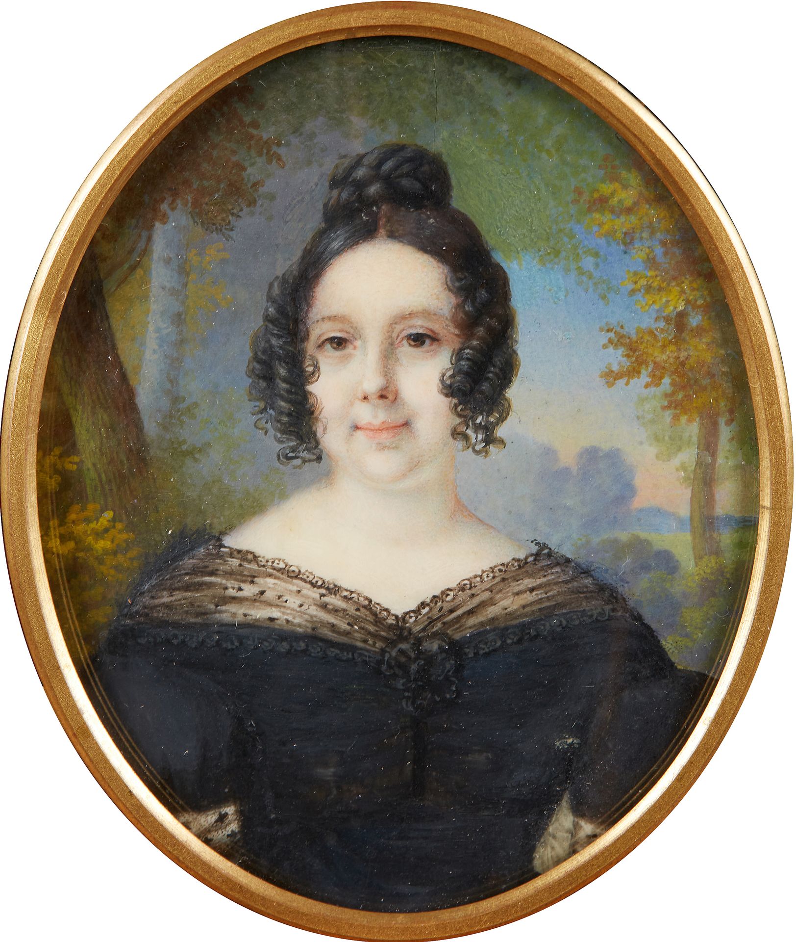 Null 
查尔斯-皮埃尔-西奥（1769 - 1838/1858）。

穿着黑色衣服的女人在树林中的肖像画

玻璃下的椭圆形水彩画缩影（顶部为放大图）。

1&hellip;