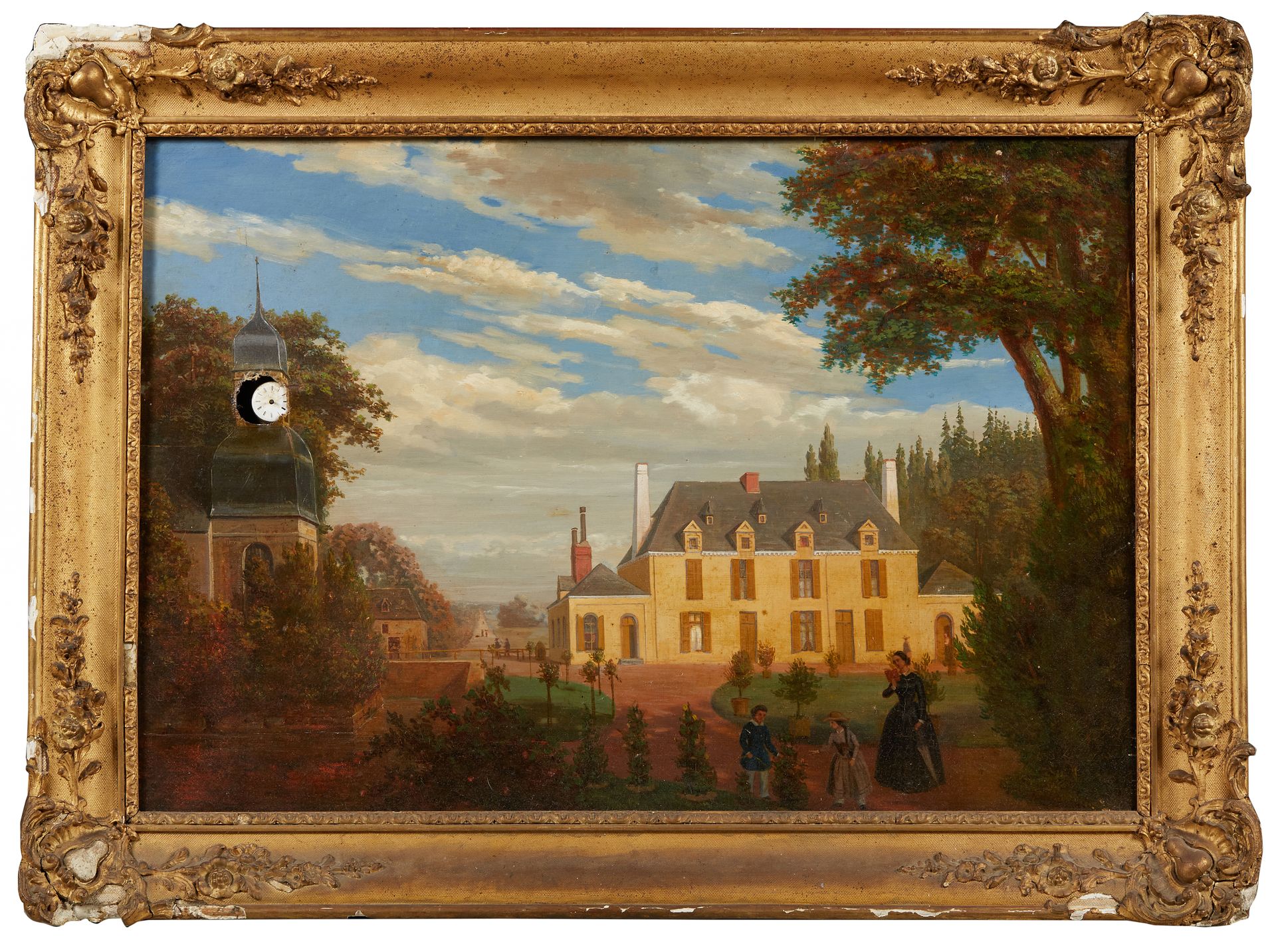 Null 19世纪的法国学校。

表现有人物的城堡景观的时钟画。

尺寸：62 x 92厘米。
