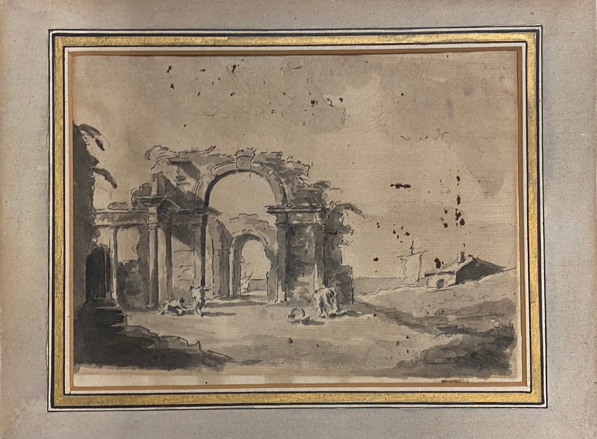 Null 一套四幅画。



- 19世纪的威尼斯画派，弗朗西斯科-瓜尔迪的追随者

寺庙废墟中的工人

钢笔和灰色墨水，灰色水洗。

尺寸：12 x 16,5&hellip;