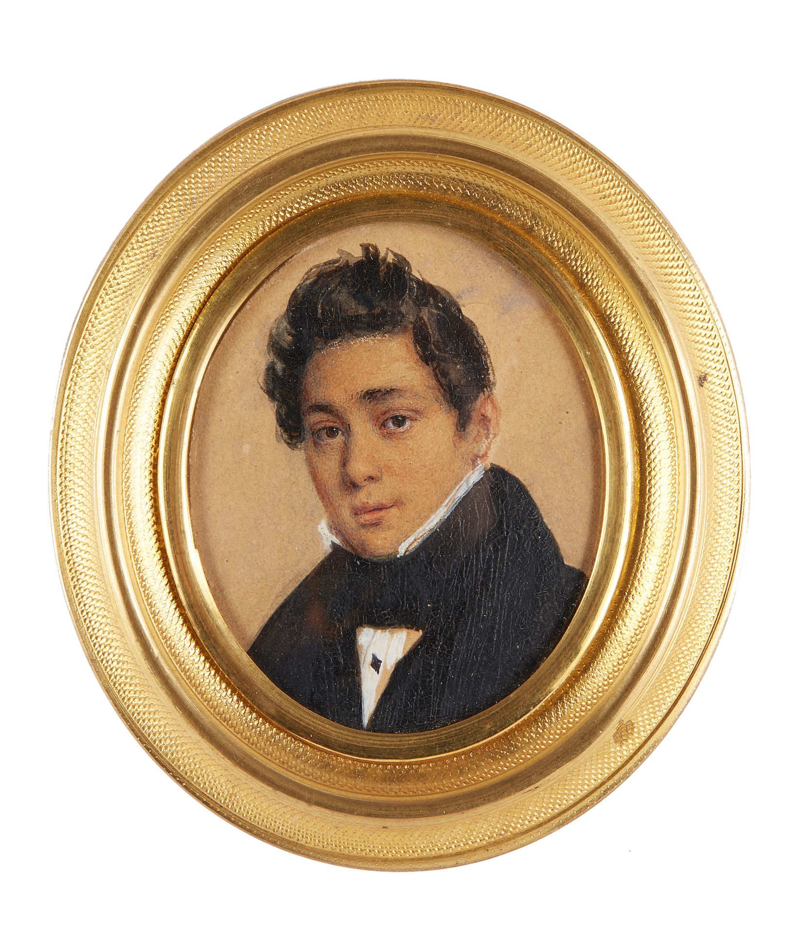 Null 
19世纪的法国学校。

一位年轻绅士的画像。

椭圆形的迷你型。纸板上的油彩。

尺寸：5.2 x 4.2厘米。