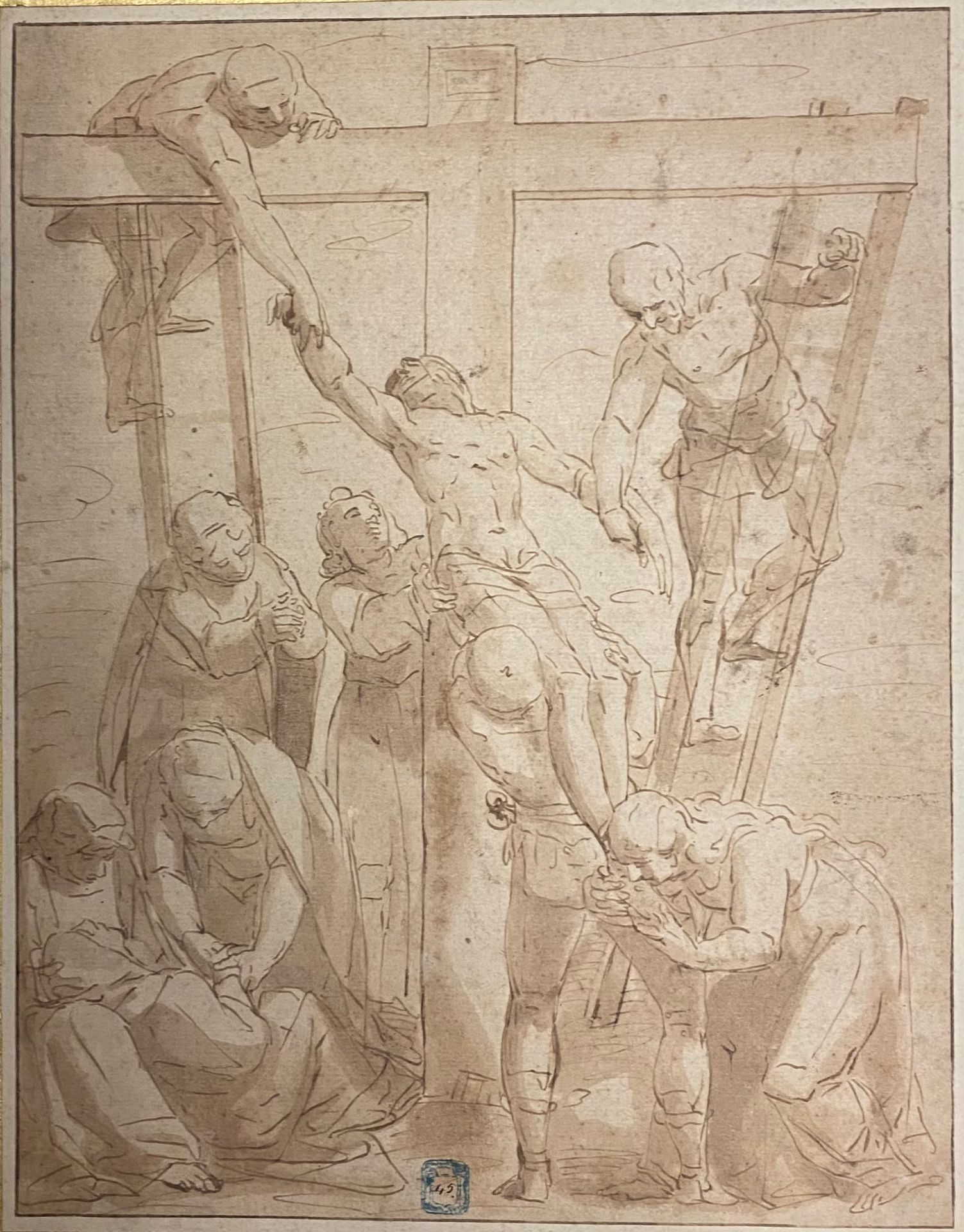 Null 17世纪意大利学校，Luca CAMBIASO的追随者

沉积的十字架

钢笔和棕色墨水，棕色水洗。

32,5 x 25,5厘米。

中央下方印有未&hellip;