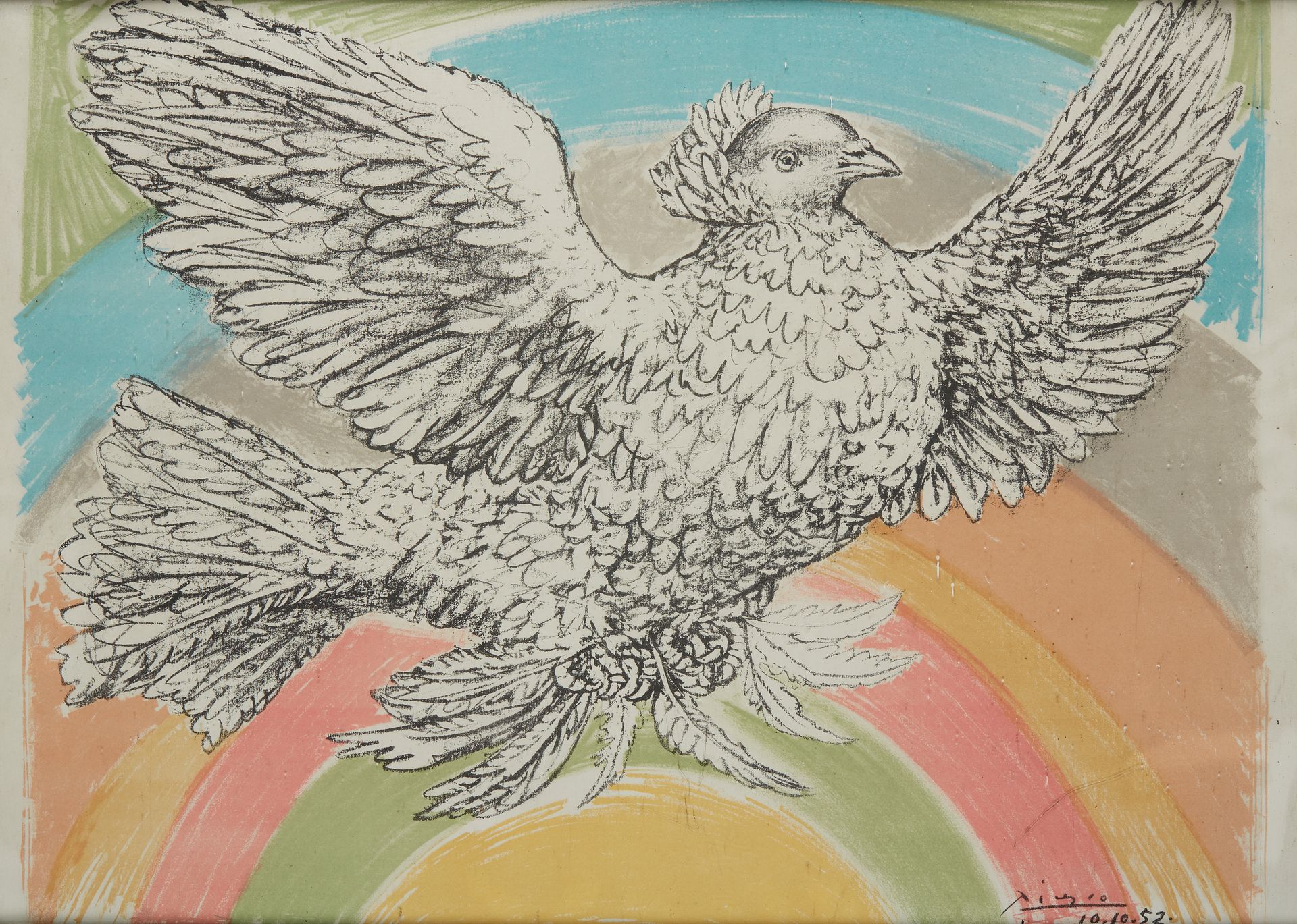 Null 巴勃罗-皮卡索 (1881 - 1973)

飞翔中的鸽子与彩虹。10-10-52.

彩色平版印刷在拱形牛皮纸上，用于和平运动的海报 "和平、裁军促&hellip;