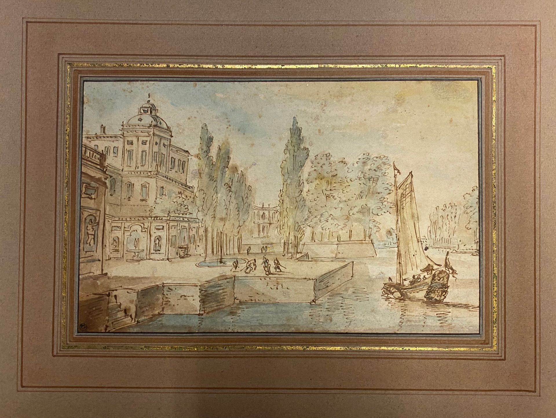 Null 18世纪霍兰德学校，亚伯拉罕-斯托克的追随者

港口码头上的宫殿

钢笔和棕色墨水，水彩画。

16 x 25.5厘米。

左下角有一个不知名的收藏章&hellip;