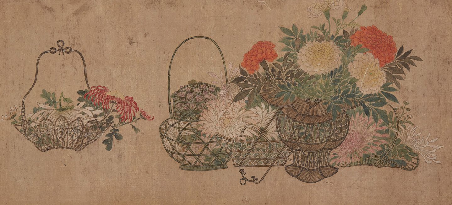 École CHINOISE anonyme, fin du XIXe siècle 水墨和色彩在丝绸上描绘了装满牡丹花、菊花的篮子。
绝缘纸，污渍
视线尺寸：&hellip;