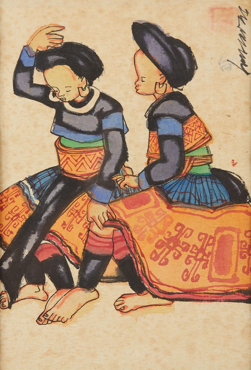VIETNAM, XXe siècle 水粉画在多色纸上，表现两个穿着传统服装的年轻妇女。
右上角有签名
尺寸：30 x 20 cm