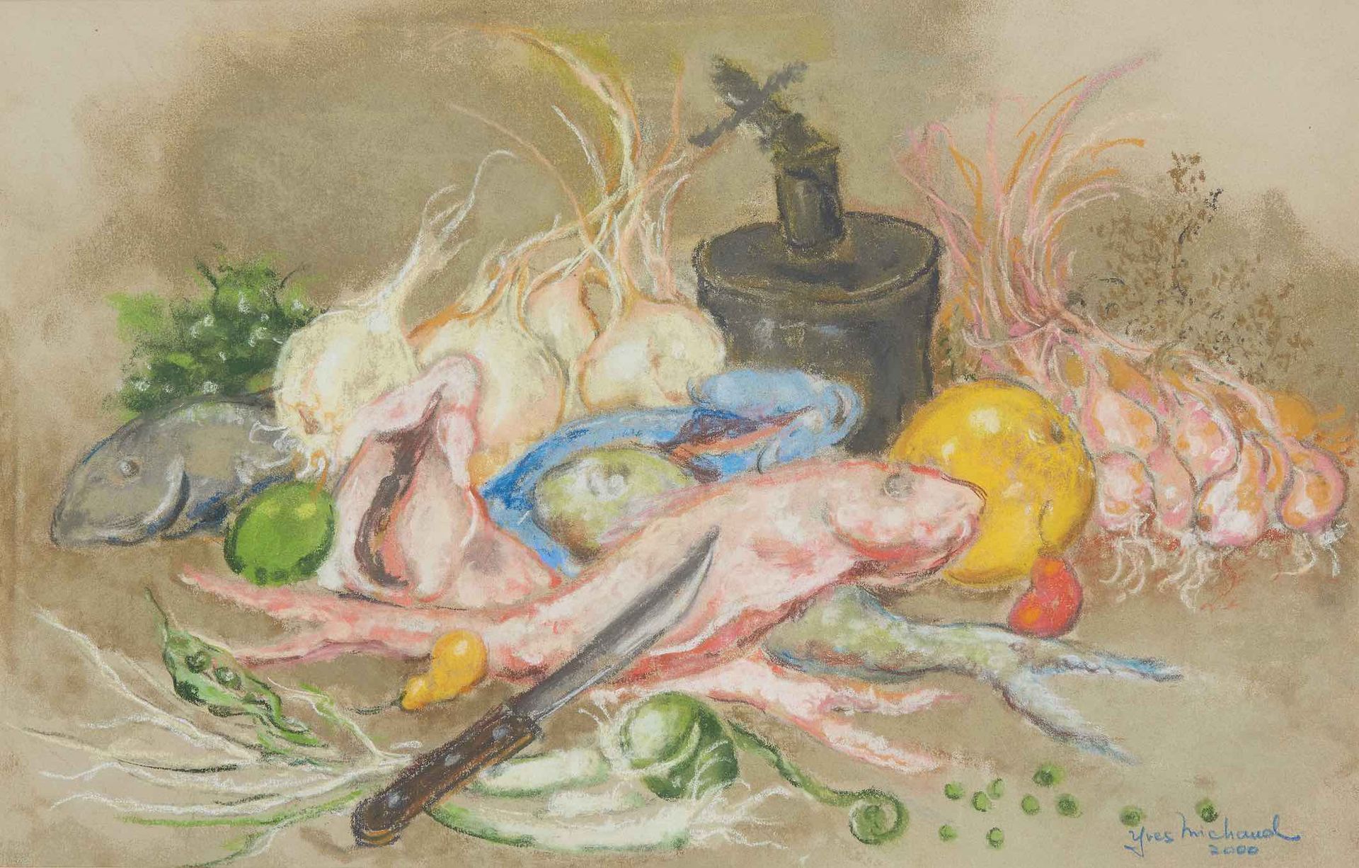 Null 伊夫-米肖的一组3幅画，"咖啡场景 "39,5x29厘米（缺少玻璃），"3个人物和公鸡"，玻璃下的框架38x29厘米，"自然死亡和小鸟"，玻璃下的框架&hellip;