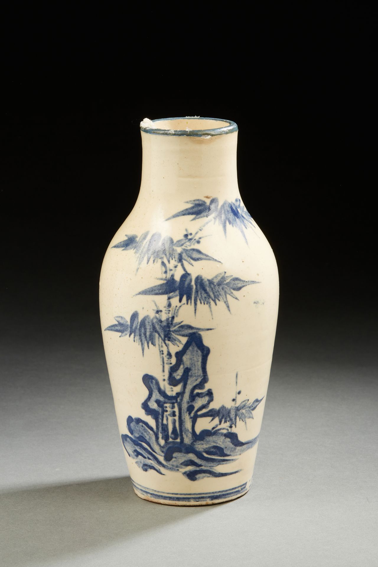 Null CHINA
Ceramic vase decorated in blue with a rock and bamboo. 
20th century.&hellip;