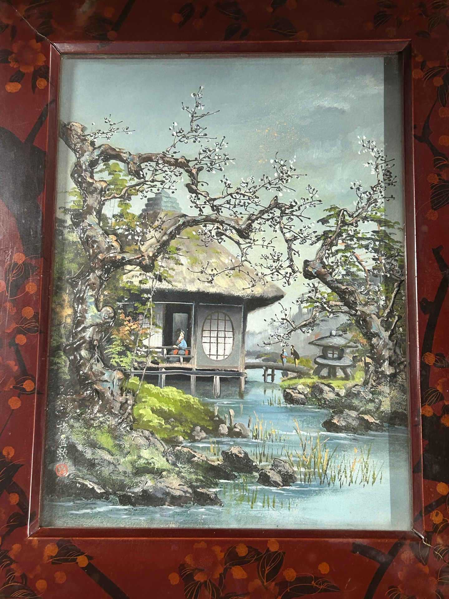 Null JAPON
Paire de PEINTURES sur carton à décor d'arbres en relief représentant&hellip;