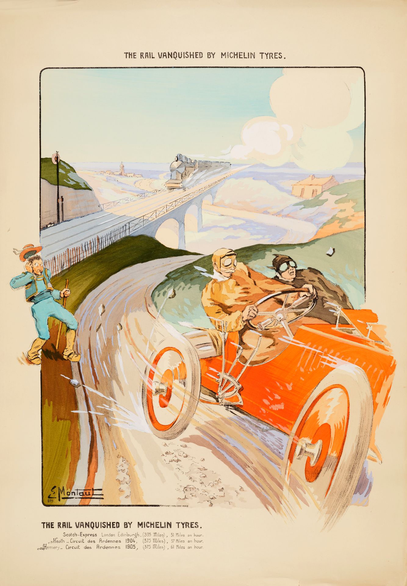 Null 欧内斯特-蒙托邦（1879-1909）
被米其林轮胎征服的铁路
彩色石版画，印刷品附英文文本
Montaut Mabileau Paris
无涂层，色&hellip;