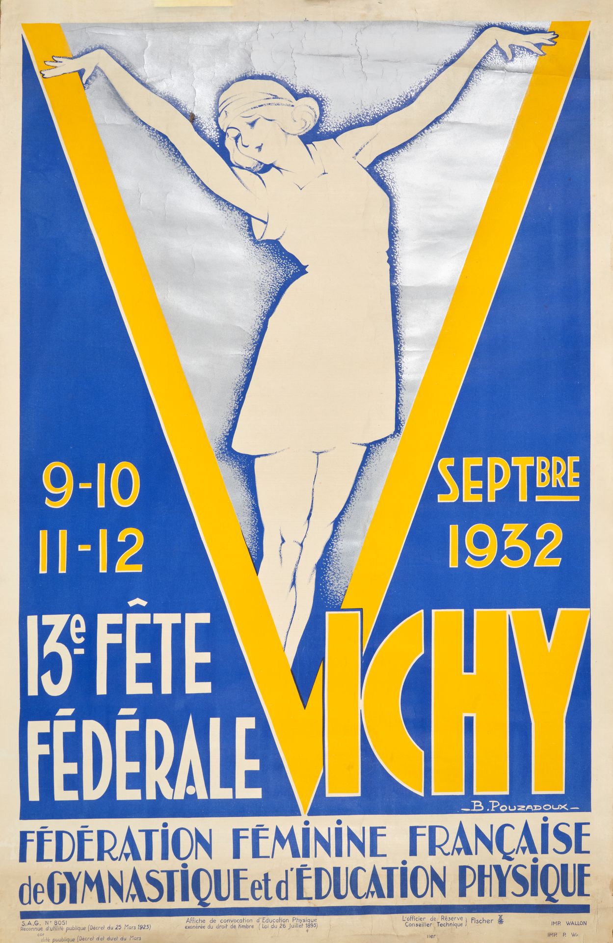 Null B POUZADOUX（20 世纪）
维希第 13 届联邦体操节 1932 年 9 月
瓦隆小恶魔
无画布海报，保存完好
98 x 65 厘米