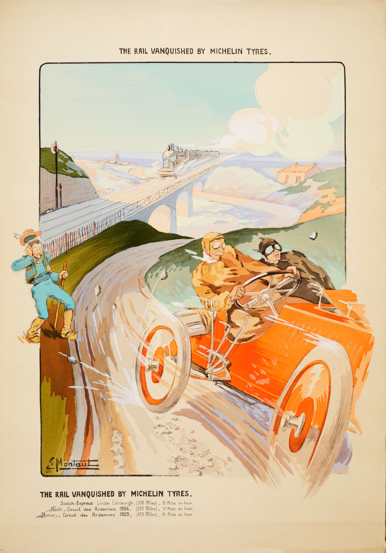 Null Ernest MONTAUT(1879-1909)
The Rail vanquished by Michelin Tyres
Color litho&hellip;