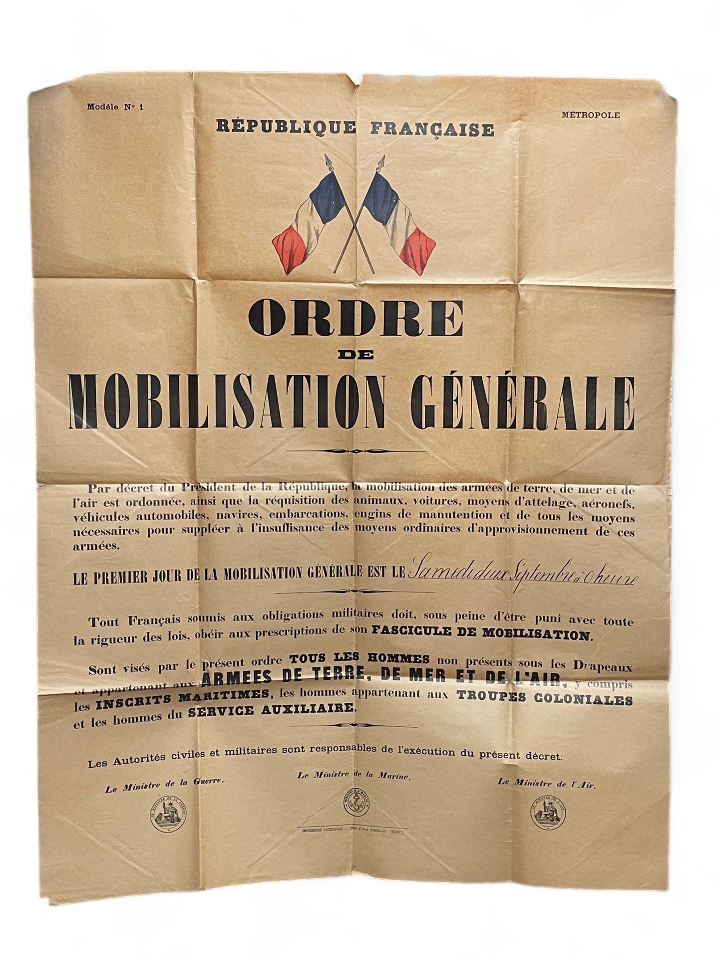 Null MILITARIA - GUERRE 1939-45
ORDRE DE MOBILISATION GENERALE (1939)
Modièle N°&hellip;