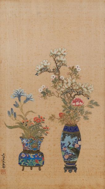 CHINE Ensemble de deux peintures sur tissu chinoises. Calligraphies et cachets.
&hellip;