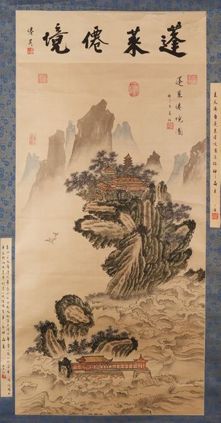 CHINE Grand rouleau figurant un paysage avec pagodes.
XXe siècle.
Dim.: 127 x 59&hellip;