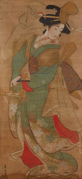 JAPON ou CHINE Encre sur soie (?).
Portrait d'une jeune femme habillée en tenue &hellip;