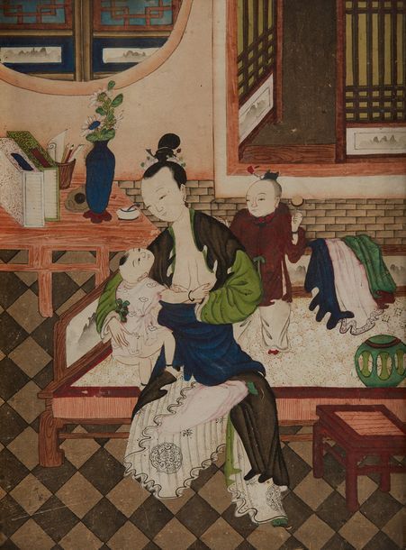 CHINE Gouache sur papier représentant un interieur avec femme allaitant un enfan&hellip;