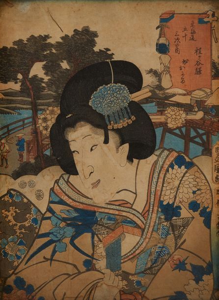 JAPON Estampe en couleur représentant une femme en buste dans un paysage.
Périod&hellip;