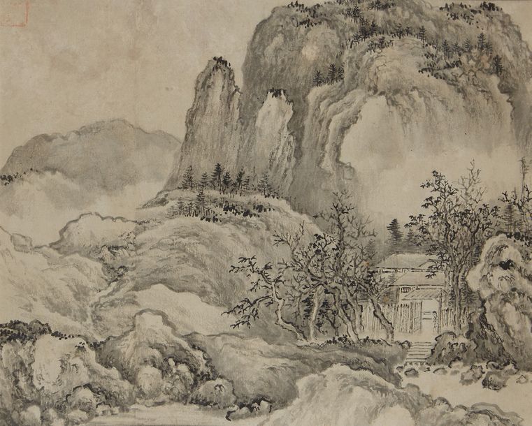 CHINE Aquarelle au lavis représentant un paysage montagneux et un palais.
XXe si&hellip;